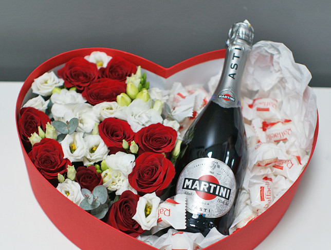 Heart-shaped Box with Red Roses and Asti Martini photo